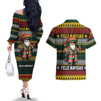 Mexican Santa Sombrero Couples Matching Off The Shoulder Long Sleeve Dress and Hawaiian Shirt Feliz Navidad Mexico - Wonder Print Shop
