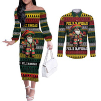 Mexican Santa Sombrero Couples Matching Off The Shoulder Long Sleeve Dress and Long Sleeve Button Shirt Feliz Navidad Mexico - Wonder Print Shop