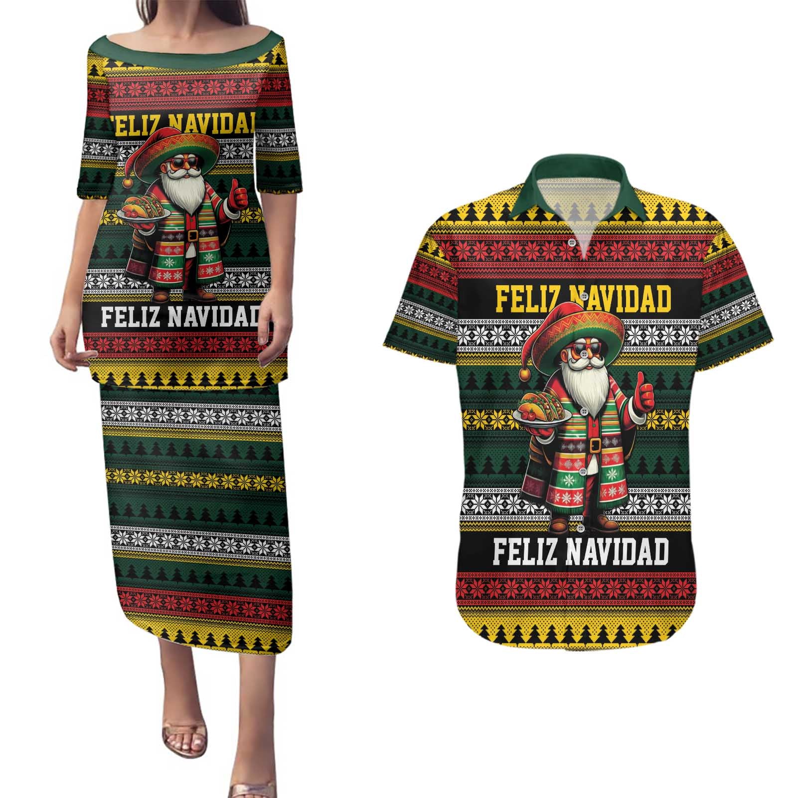 Mexican Santa Sombrero Couples Matching Puletasi and Hawaiian Shirt Feliz Navidad Mexico - Wonder Print Shop
