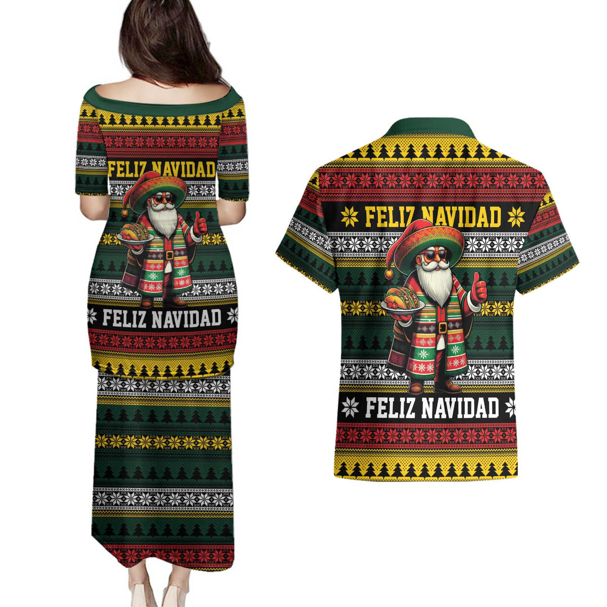 Mexican Santa Sombrero Couples Matching Puletasi and Hawaiian Shirt Feliz Navidad Mexico - Wonder Print Shop