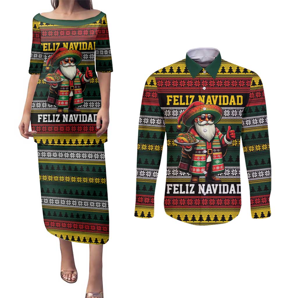 Mexican Santa Sombrero Couples Matching Puletasi and Long Sleeve Button Shirt Feliz Navidad Mexico - Wonder Print Shop