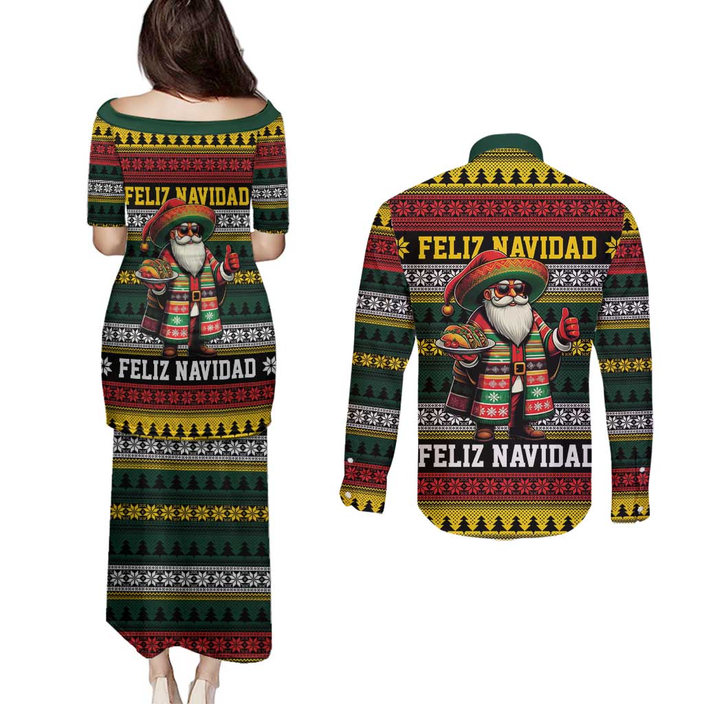 Mexican Santa Sombrero Couples Matching Puletasi and Long Sleeve Button Shirt Feliz Navidad Mexico - Wonder Print Shop
