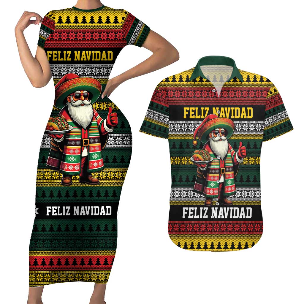 Mexican Santa Sombrero Couples Matching Short Sleeve Bodycon Dress and Hawaiian Shirt Feliz Navidad Mexico - Wonder Print Shop