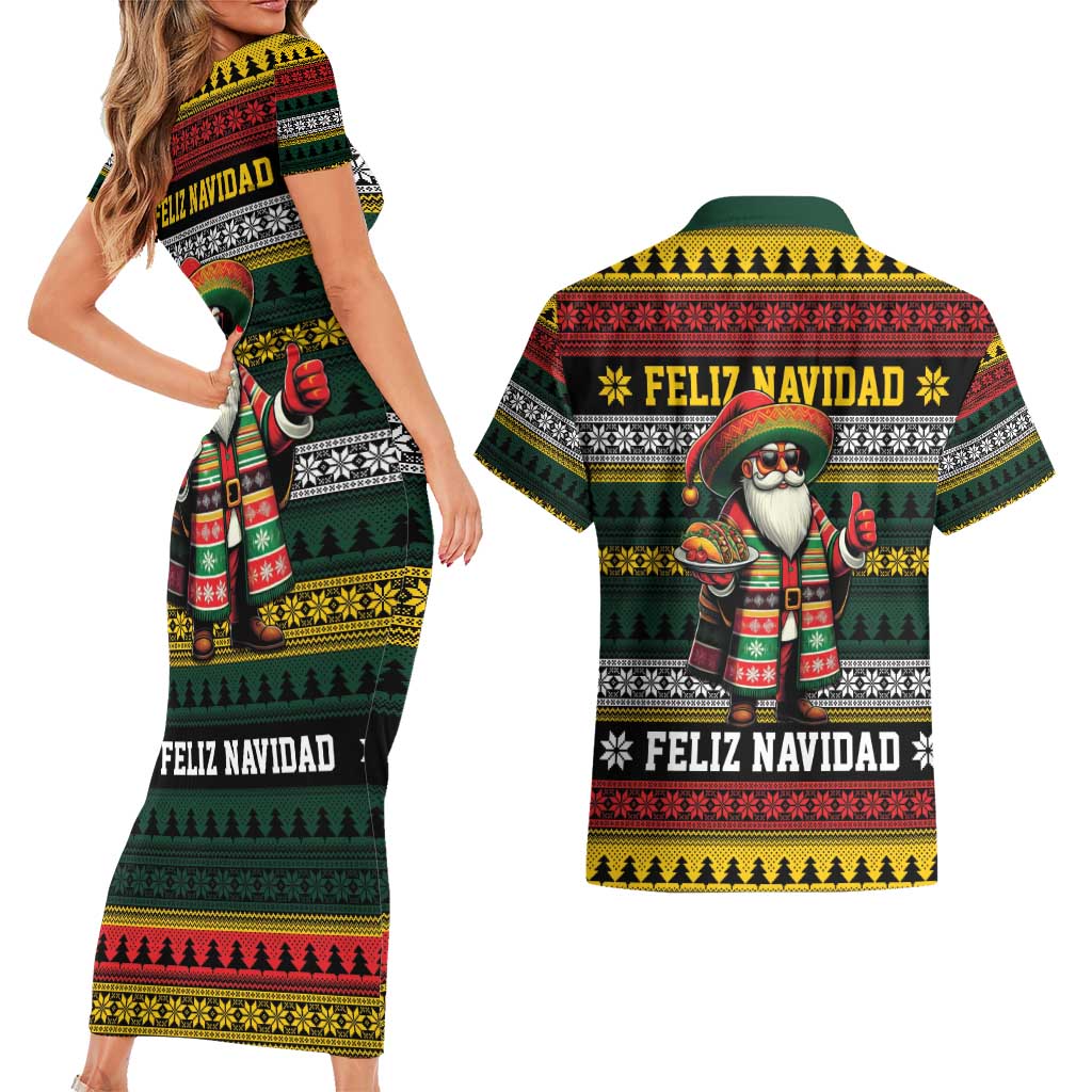 Mexican Santa Sombrero Couples Matching Short Sleeve Bodycon Dress and Hawaiian Shirt Feliz Navidad Mexico - Wonder Print Shop