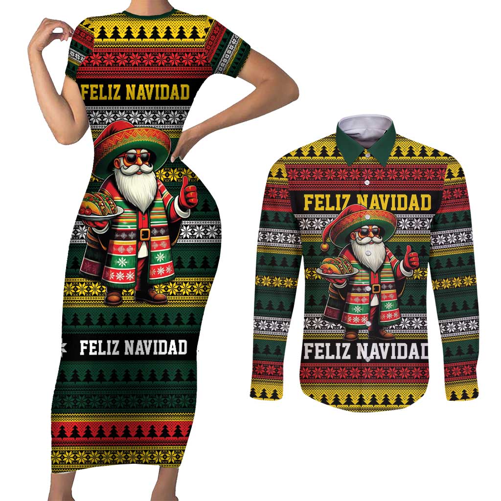 Mexican Santa Sombrero Couples Matching Short Sleeve Bodycon Dress and Long Sleeve Button Shirt Feliz Navidad Mexico - Wonder Print Shop
