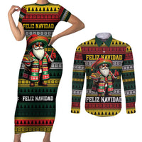 Mexican Santa Sombrero Couples Matching Short Sleeve Bodycon Dress and Long Sleeve Button Shirt Feliz Navidad Mexico - Wonder Print Shop