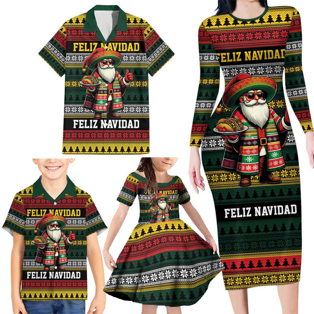 Mexican Santa Sombrero Family Matching Long Sleeve Bodycon Dress and Hawaiian Shirt Feliz Navidad Mexico - Wonder Print Shop