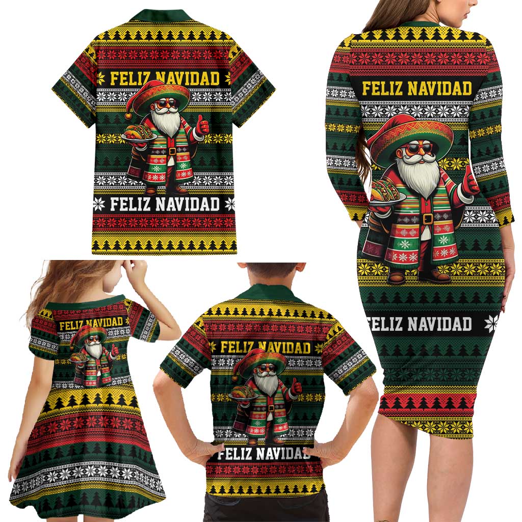 Mexican Santa Sombrero Family Matching Long Sleeve Bodycon Dress and Hawaiian Shirt Feliz Navidad Mexico - Wonder Print Shop