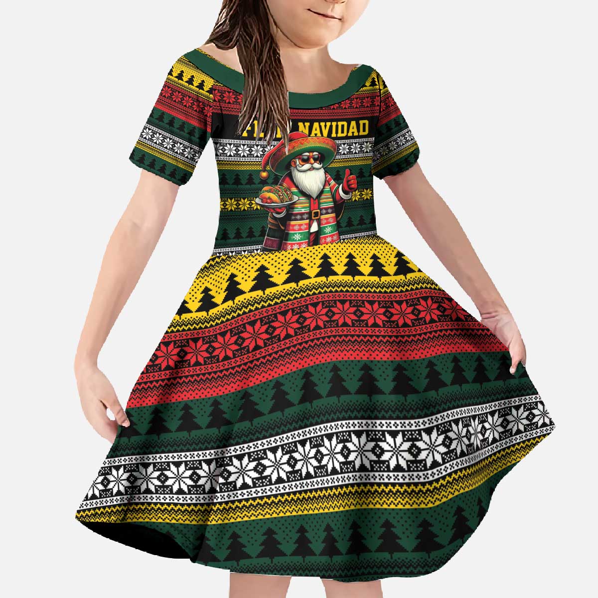 Mexican Santa Sombrero Family Matching Off The Shoulder Long Sleeve Dress and Hawaiian Shirt Feliz Navidad Mexico - Wonder Print Shop