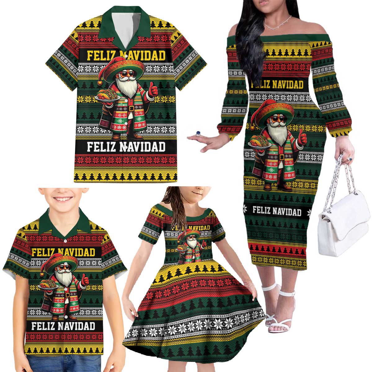 Mexican Santa Sombrero Family Matching Off The Shoulder Long Sleeve Dress and Hawaiian Shirt Feliz Navidad Mexico - Wonder Print Shop