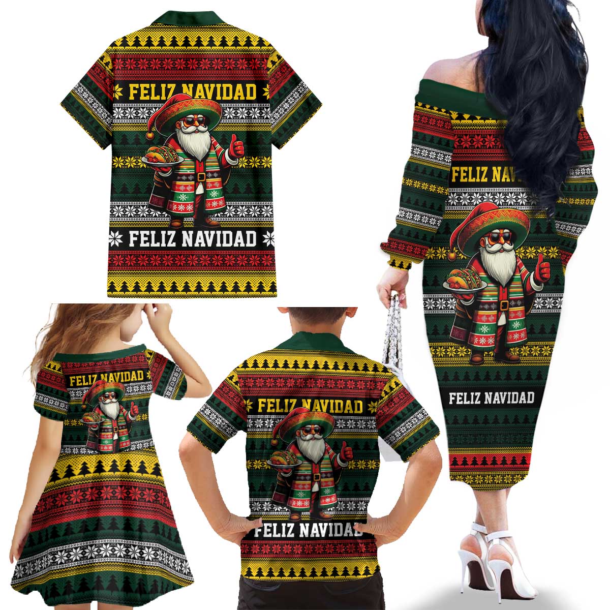 Mexican Santa Sombrero Family Matching Off The Shoulder Long Sleeve Dress and Hawaiian Shirt Feliz Navidad Mexico - Wonder Print Shop