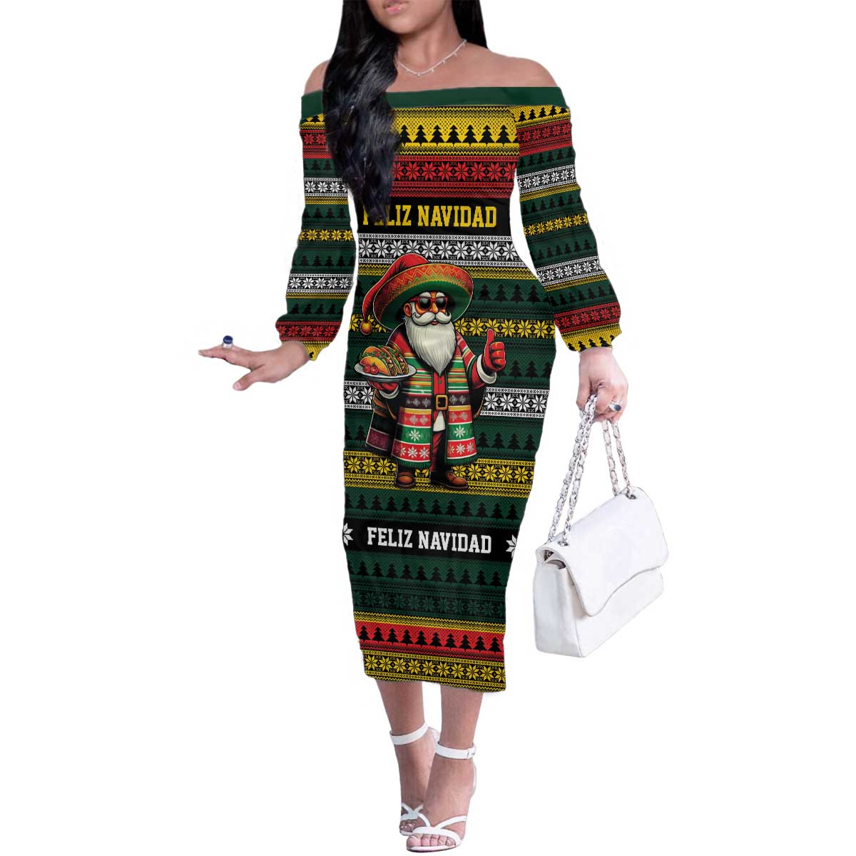 Mexican Santa Sombrero Family Matching Off The Shoulder Long Sleeve Dress and Hawaiian Shirt Feliz Navidad Mexico - Wonder Print Shop