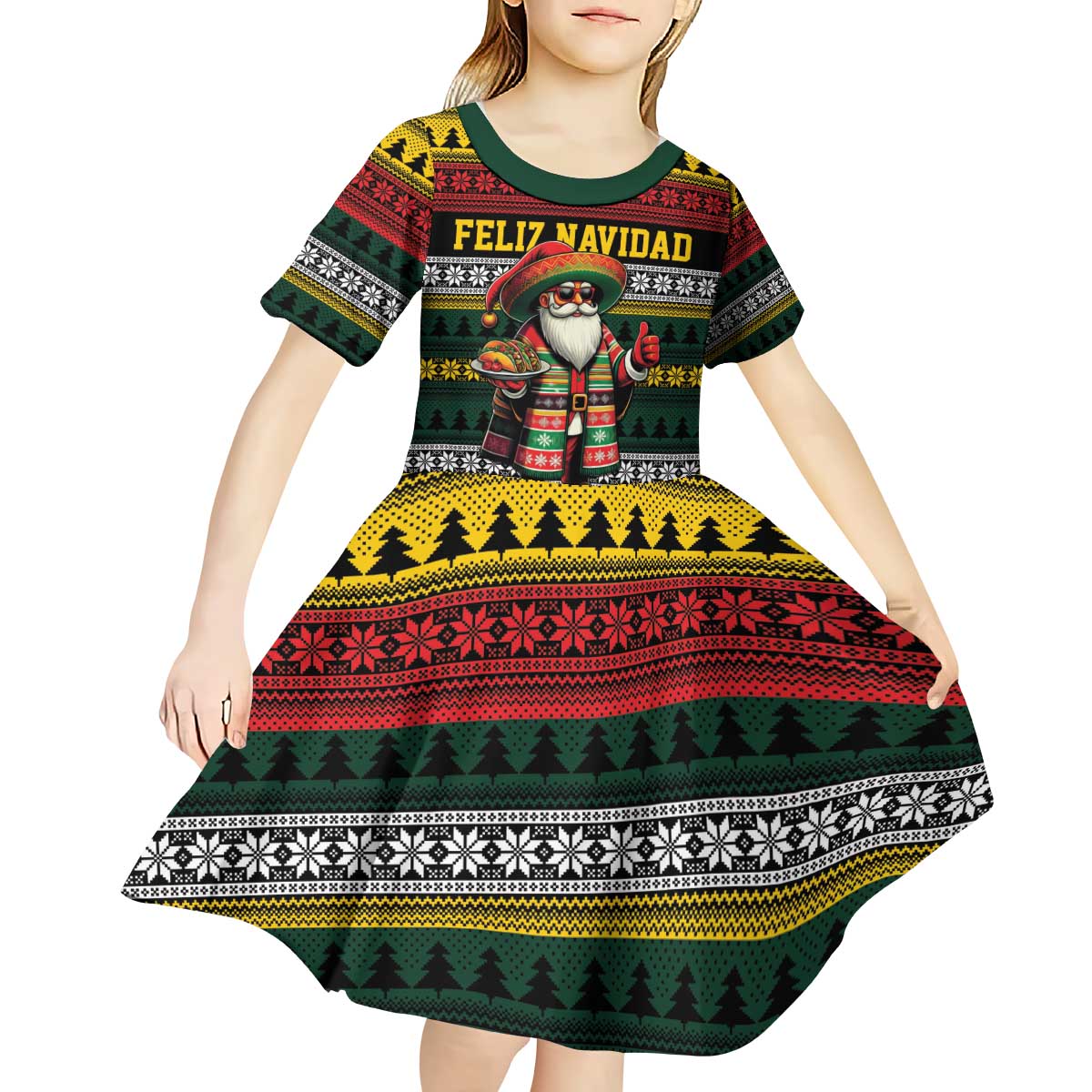 Mexican Santa Sombrero Kid Short Sleeve Dress Feliz Navidad Mexico - Wonder Print Shop
