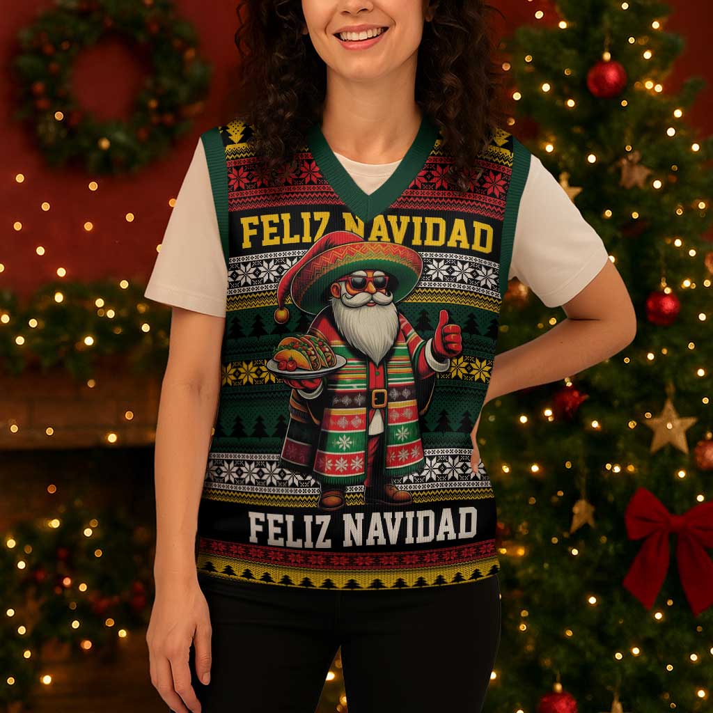 Mexican Santa Sombrero Christmas Knitted V-Neck Vest Feliz Navidad Mexico - Wonder Print Shop