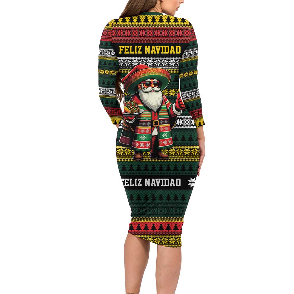 Mexican Santa Sombrero Long Sleeve Bodycon Dress Feliz Navidad Mexico - Wonder Print Shop
