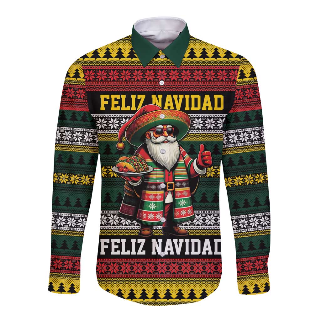 Mexican Santa Sombrero Long Sleeve Button Shirt Feliz Navidad Mexico - Wonder Print Shop