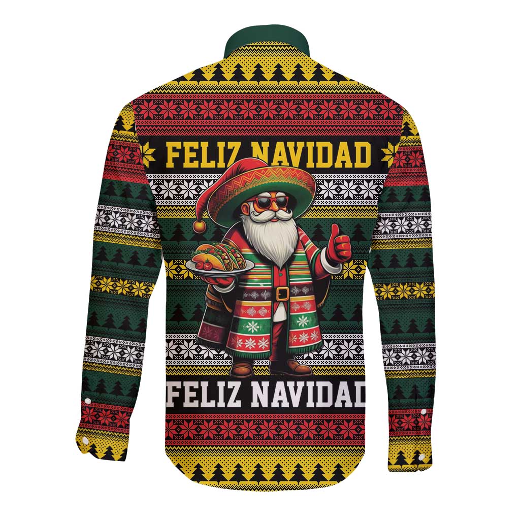 Mexican Santa Sombrero Long Sleeve Button Shirt Feliz Navidad Mexico - Wonder Print Shop