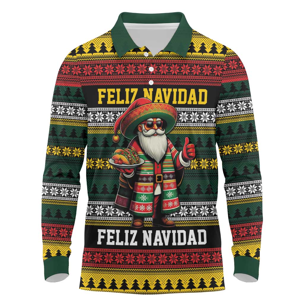 Mexican Santa Sombrero Long Sleeve Polo Shirt Feliz Navidad Mexico - Wonder Print Shop