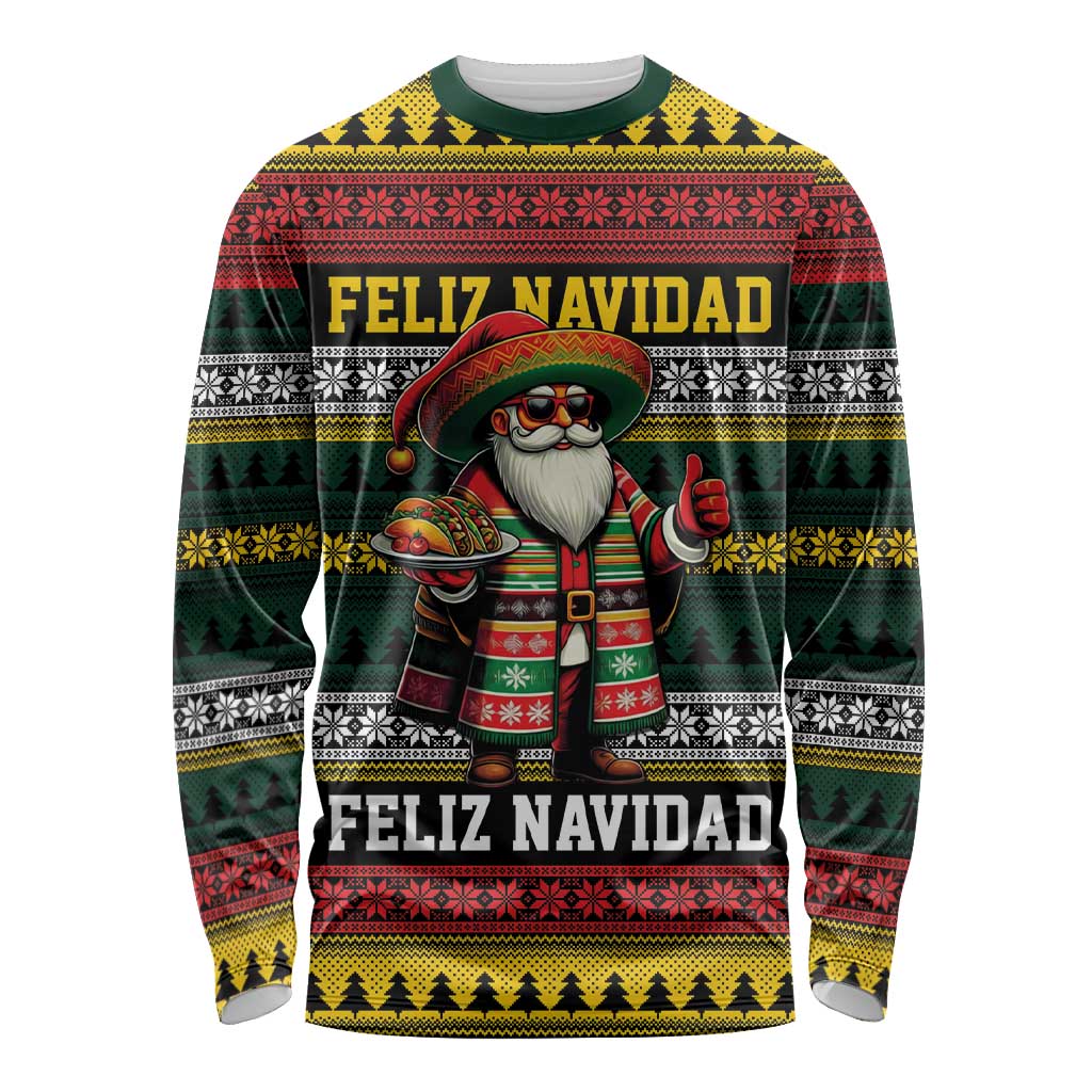 Mexican Santa Sombrero Long Sleeve Shirt Feliz Navidad Mexico - Wonder Print Shop