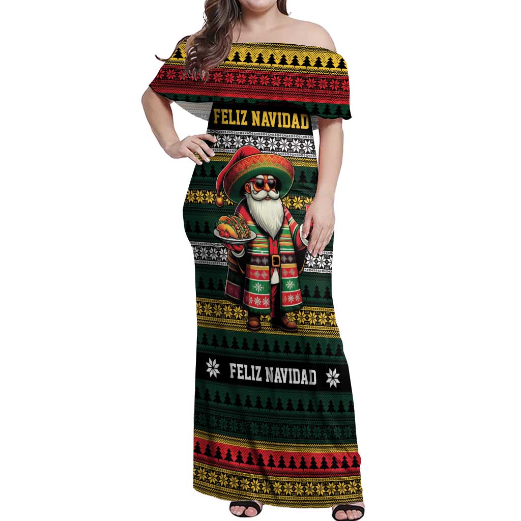 Mexican Santa Sombrero Off Shoulder Maxi Dress Feliz Navidad Mexico - Wonder Print Shop