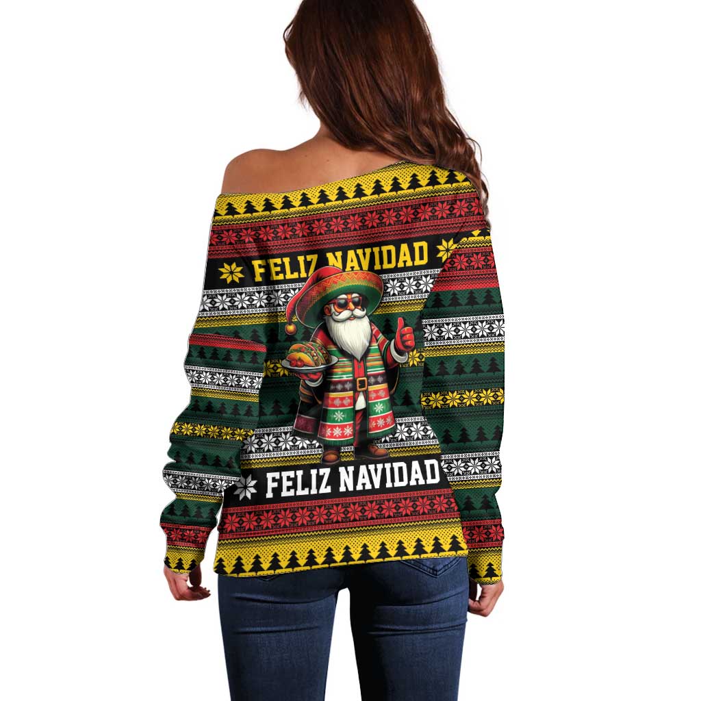 Mexican Santa Sombrero Off Shoulder Sweater Feliz Navidad Mexico - Wonder Print Shop