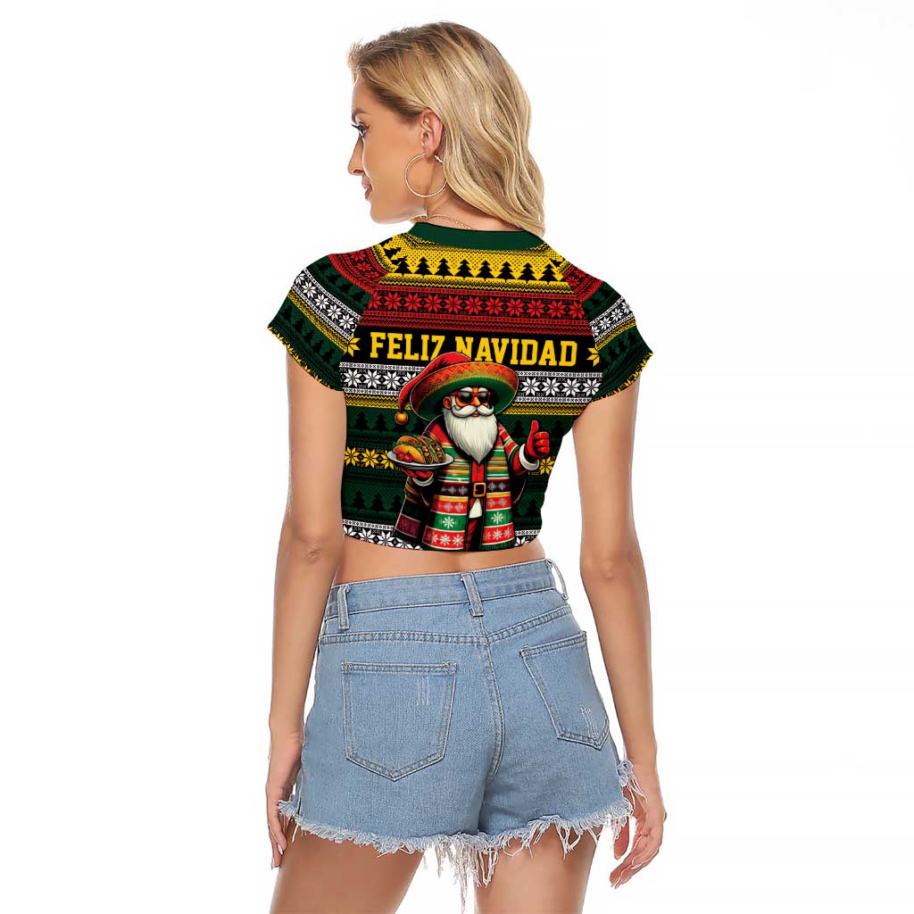 Mexican Santa Sombrero Raglan Cropped T Shirt Feliz Navidad Mexico - Wonder Print Shop