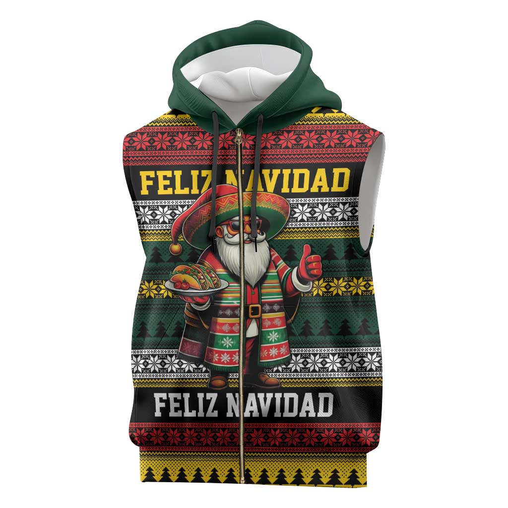 Mexican Santa Sombrero Sleeveless Zip Hoodie Feliz Navidad Mexico - Wonder Print Shop