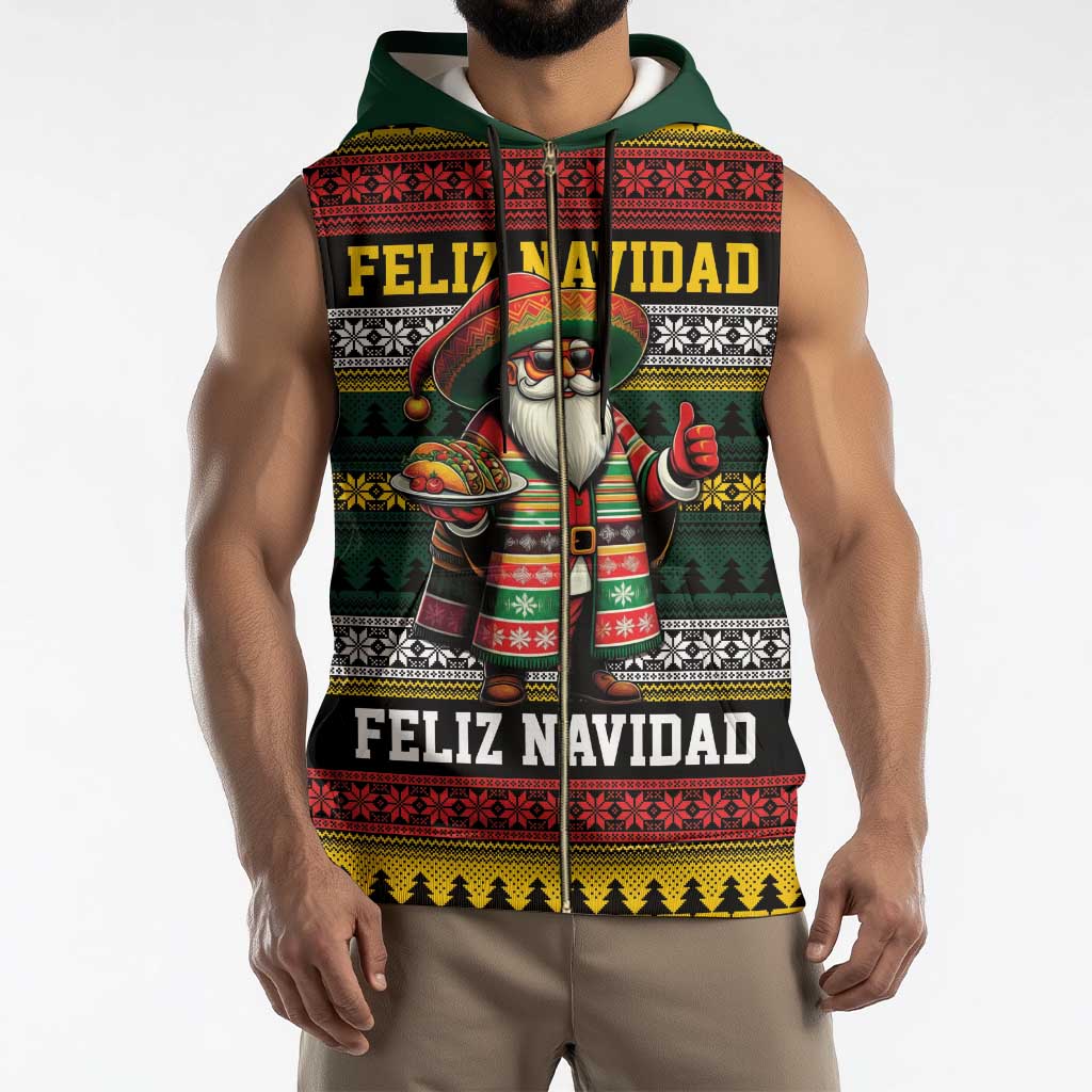 Mexican Santa Sombrero Sleeveless Zip Hoodie Feliz Navidad Mexico - Wonder Print Shop