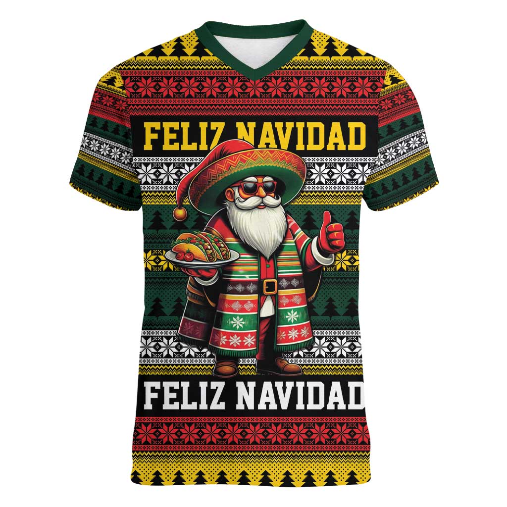 Mexican Santa Sombrero Women V-Neck T-Shirt Feliz Navidad Mexico - Wonder Print Shop