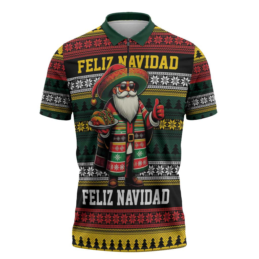 Mexican Santa Sombrero Zipper Polo Shirt Feliz Navidad Mexico - Wonder Print Shop