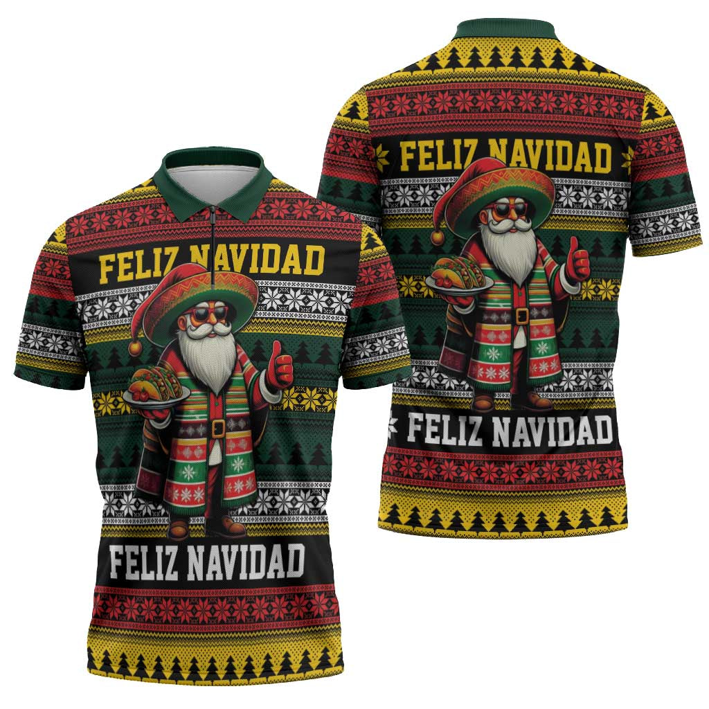 Mexican Santa Sombrero Zipper Polo Shirt Feliz Navidad Mexico - Wonder Print Shop
