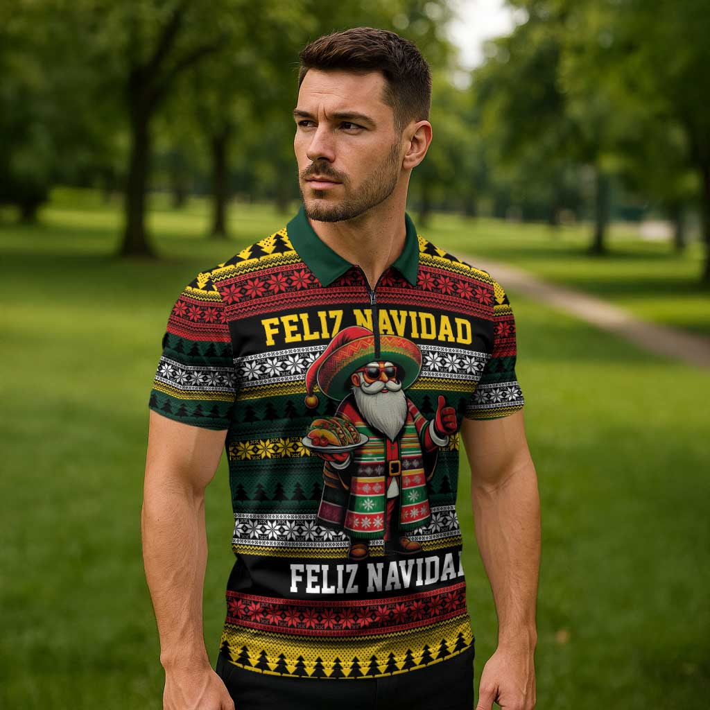 Mexican Santa Sombrero Zipper Polo Shirt Feliz Navidad Mexico - Wonder Print Shop