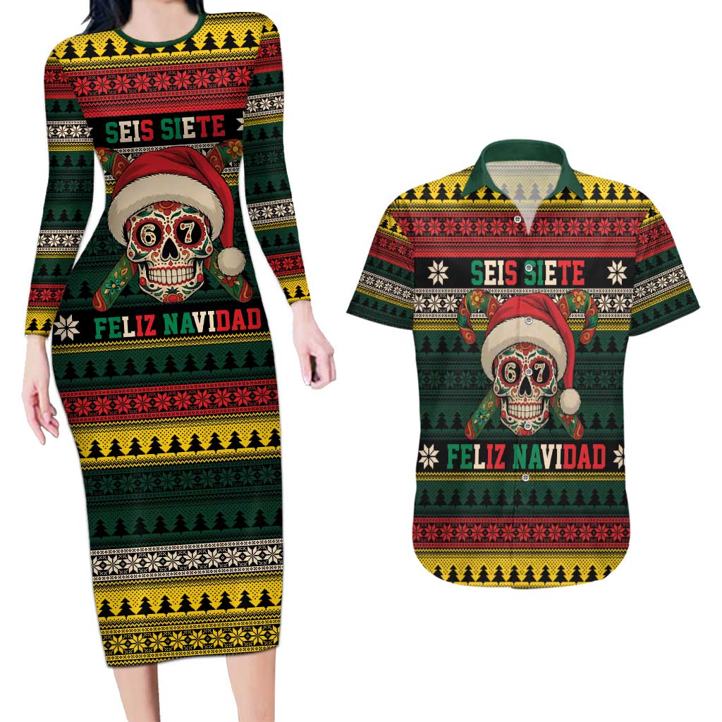 Mexican SEIS Siete 67 Meme Couples Matching Long Sleeve Bodycon Dress and Hawaiian Shirt Feliz Navidad Mexico - Wonder Print Shop