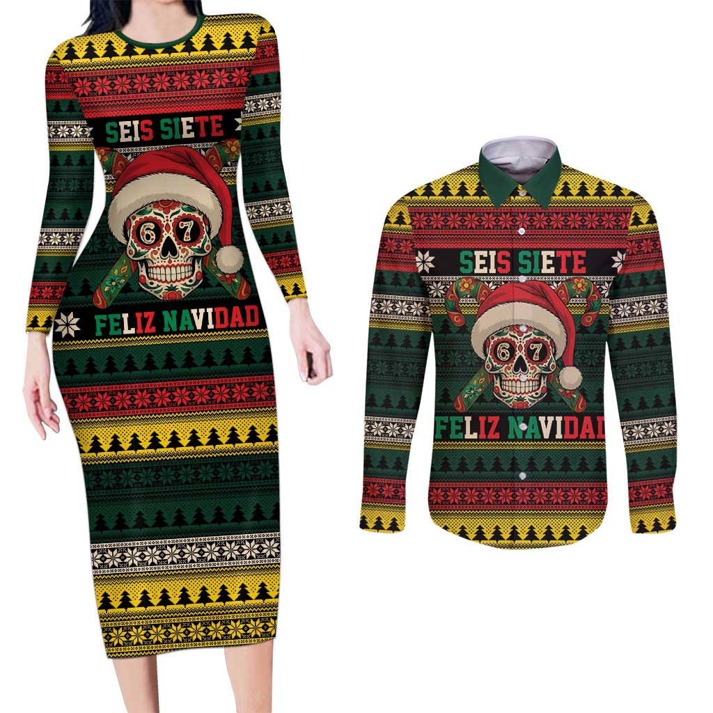 Mexican SEIS Siete 67 Meme Couples Matching Long Sleeve Bodycon Dress and Long Sleeve Button Shirt Feliz Navidad Mexico - Wonder Print Shop