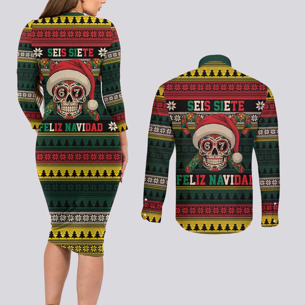 Mexican SEIS Siete 67 Meme Couples Matching Long Sleeve Bodycon Dress and Long Sleeve Button Shirt Feliz Navidad Mexico - Wonder Print Shop