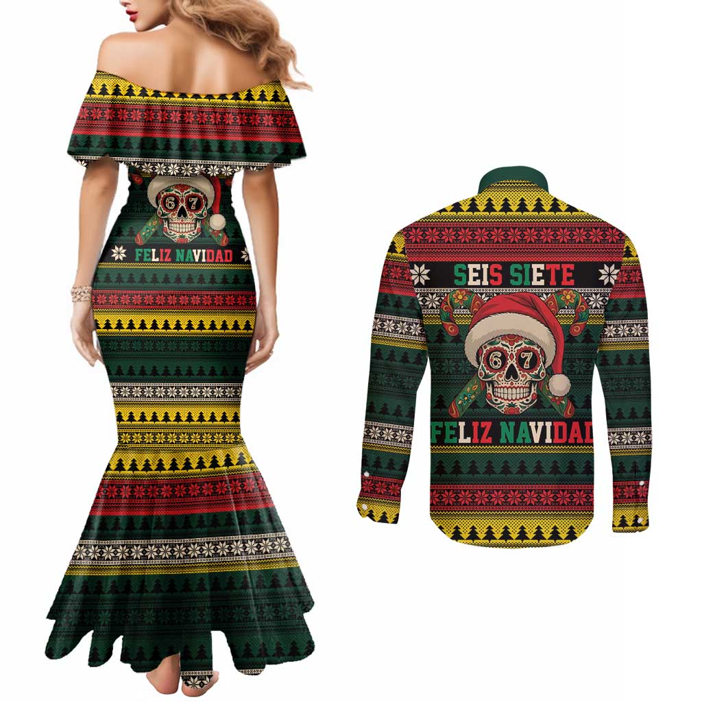 Mexican SEIS Siete 67 Meme Couples Matching Mermaid Dress and Long Sleeve Button Shirt Feliz Navidad Mexico - Wonder Print Shop