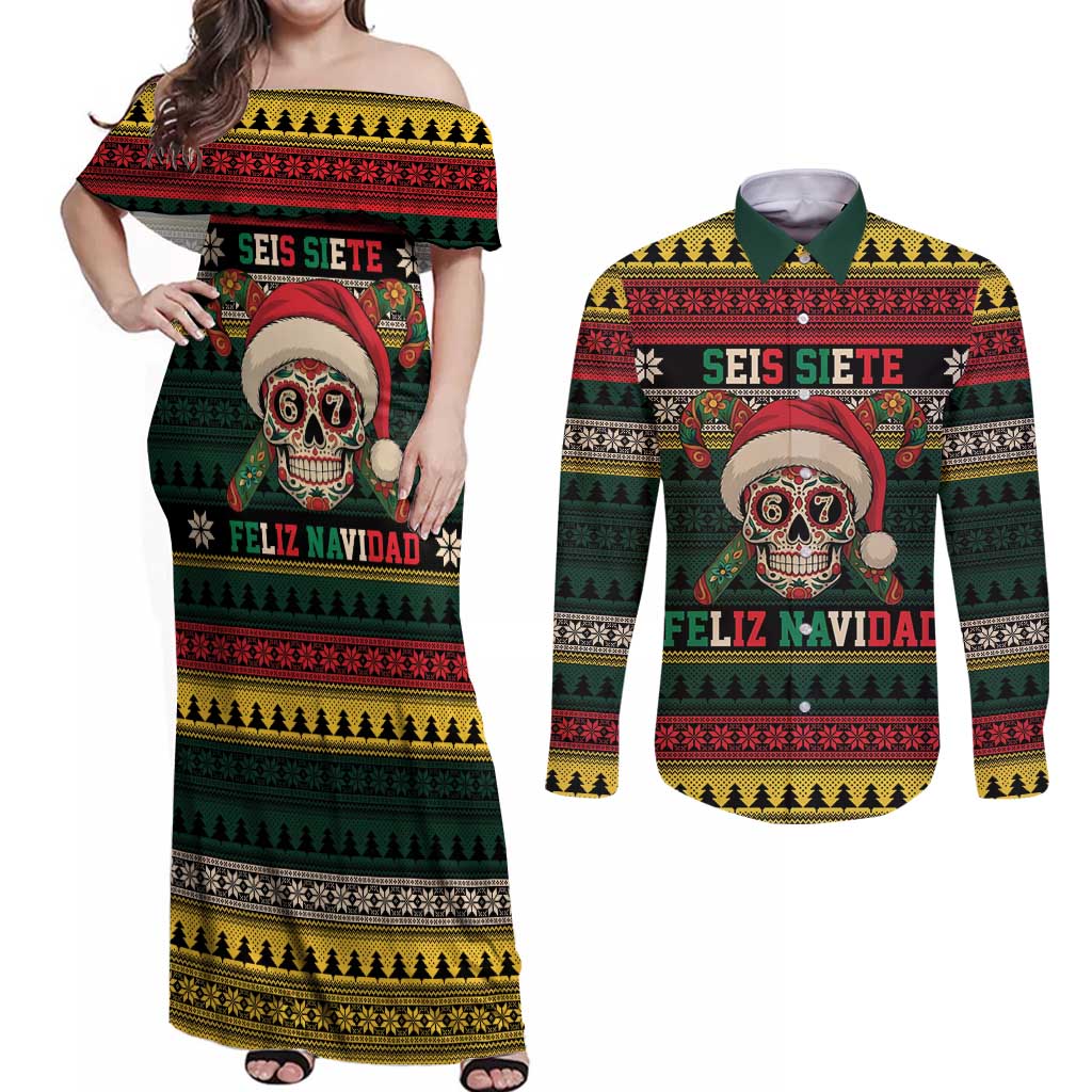 Mexican SEIS Siete 67 Meme Couples Matching Off Shoulder Maxi Dress and Long Sleeve Button Shirt Feliz Navidad Mexico - Wonder Print Shop