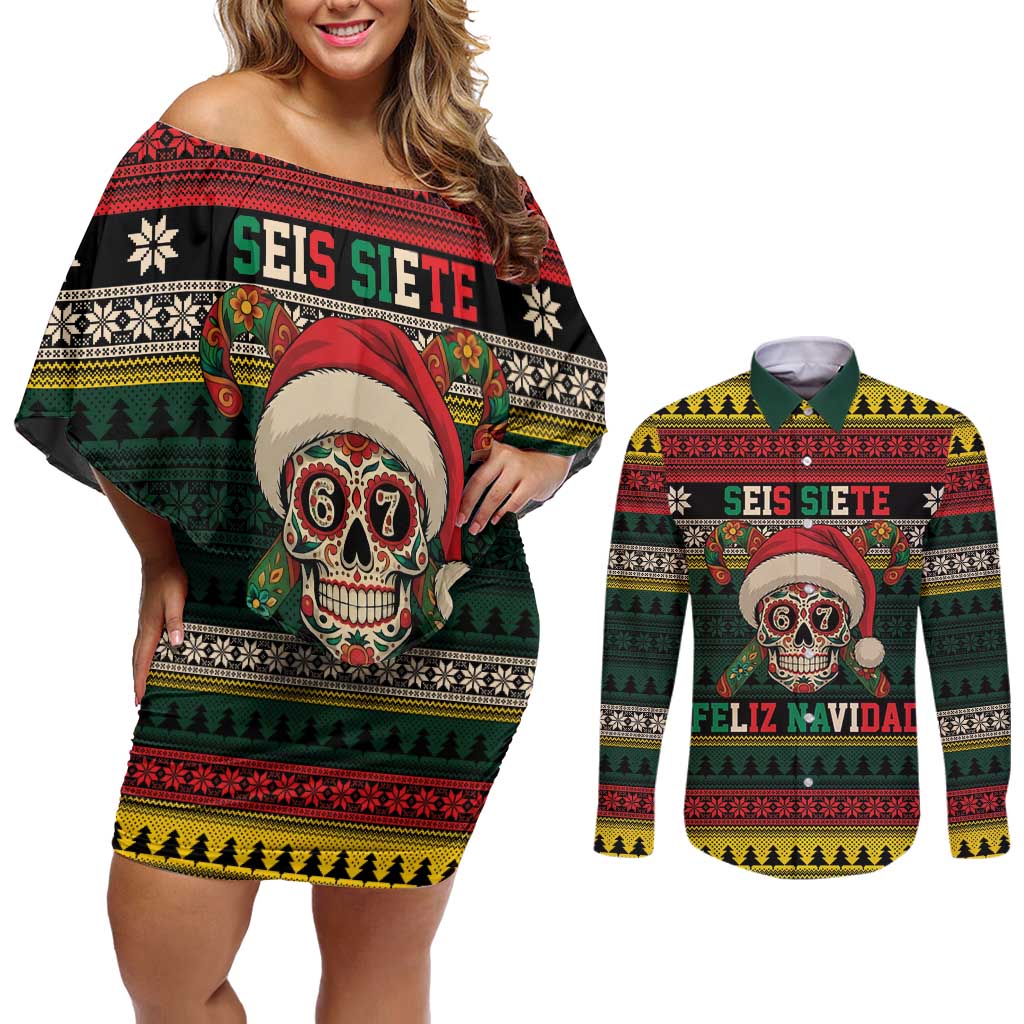 Mexican SEIS Siete 67 Meme Couples Matching Off Shoulder Short Dress and Long Sleeve Button Shirt Feliz Navidad Mexico - Wonder Print Shop