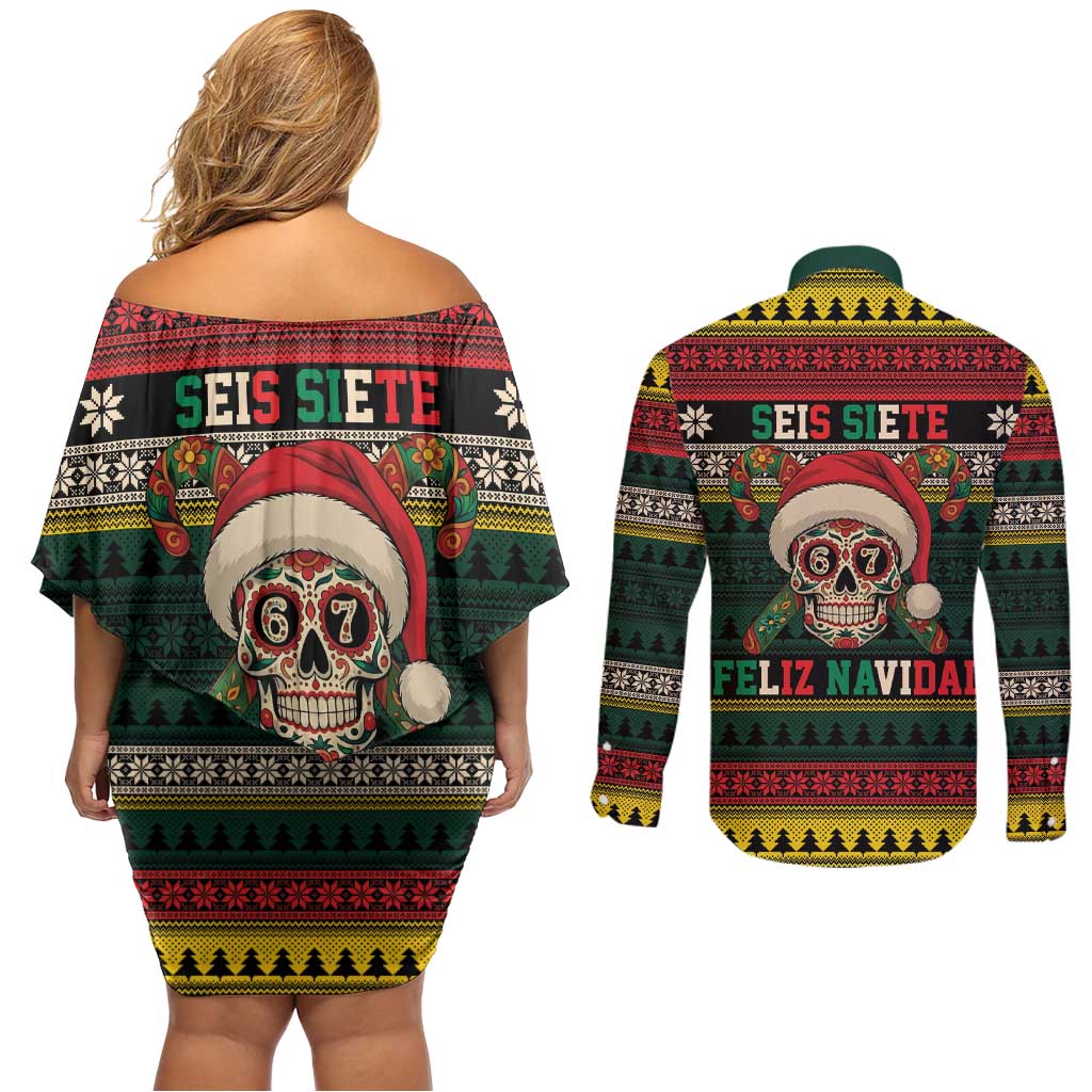Mexican SEIS Siete 67 Meme Couples Matching Off Shoulder Short Dress and Long Sleeve Button Shirt Feliz Navidad Mexico - Wonder Print Shop