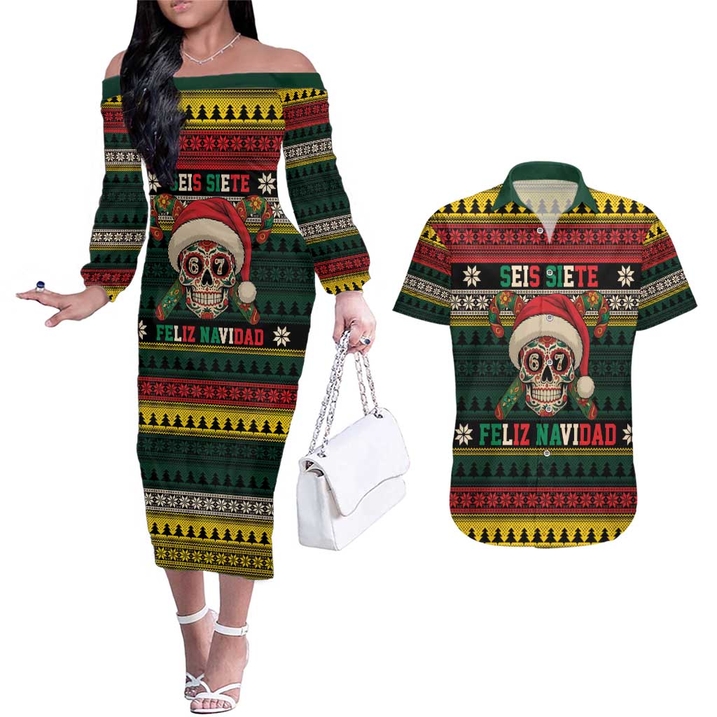 Mexican SEIS Siete 67 Meme Couples Matching Off The Shoulder Long Sleeve Dress and Hawaiian Shirt Feliz Navidad Mexico - Wonder Print Shop