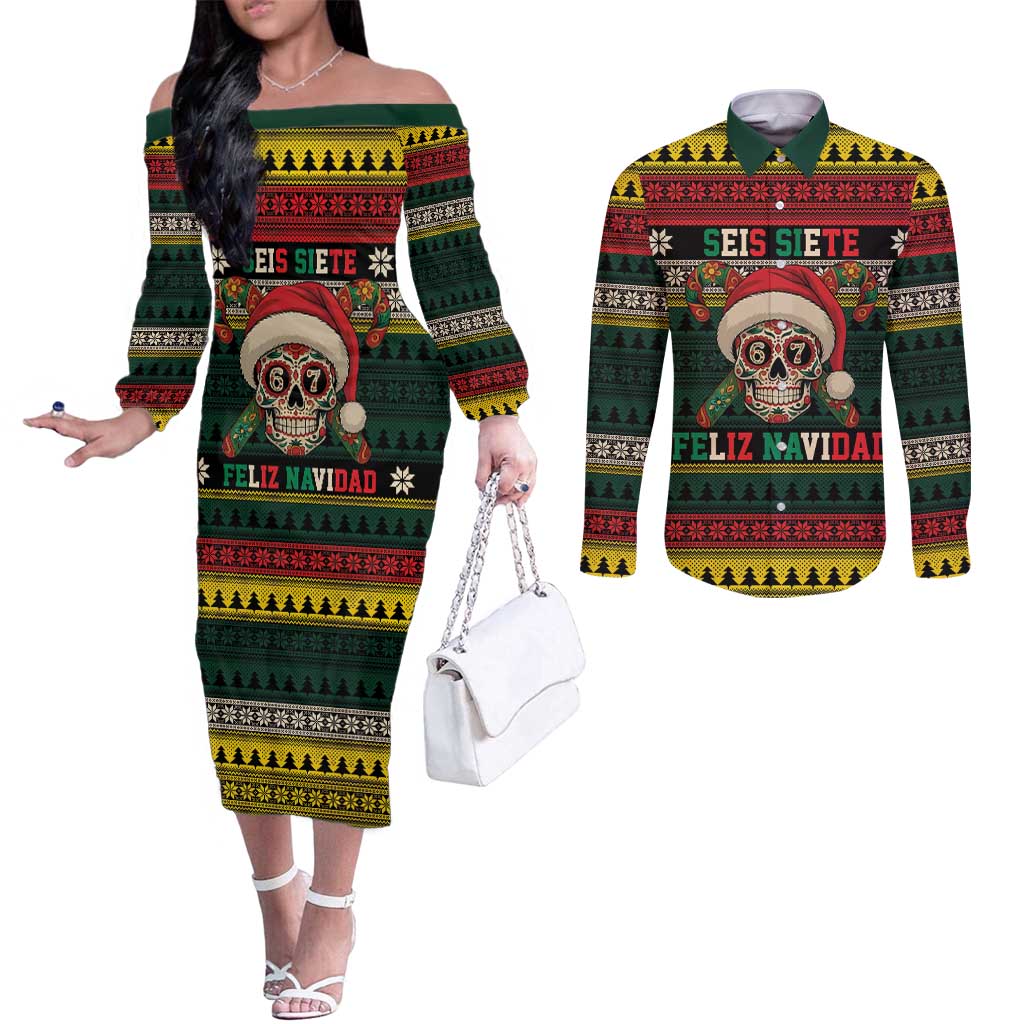 Mexican SEIS Siete 67 Meme Couples Matching Off The Shoulder Long Sleeve Dress and Long Sleeve Button Shirt Feliz Navidad Mexico - Wonder Print Shop