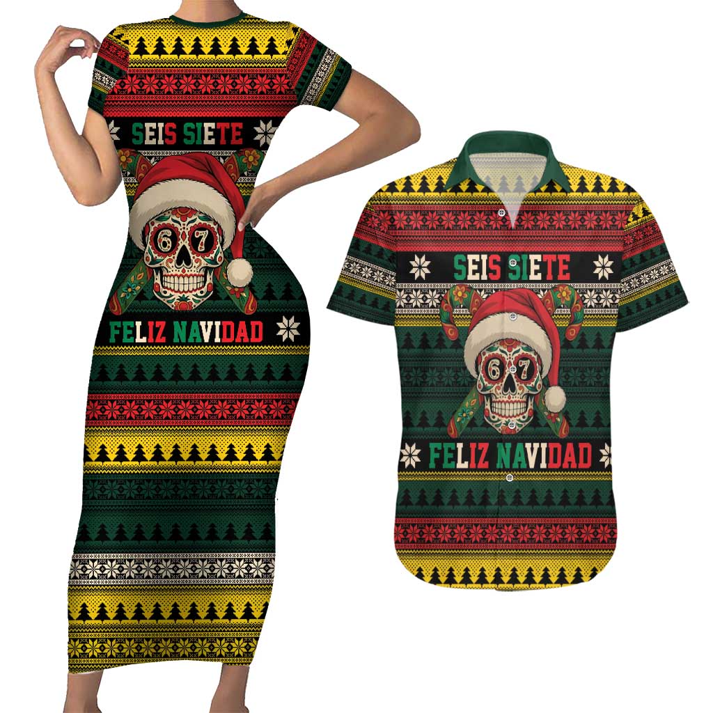 Mexican SEIS Siete 67 Meme Couples Matching Short Sleeve Bodycon Dress and Hawaiian Shirt Feliz Navidad Mexico - Wonder Print Shop