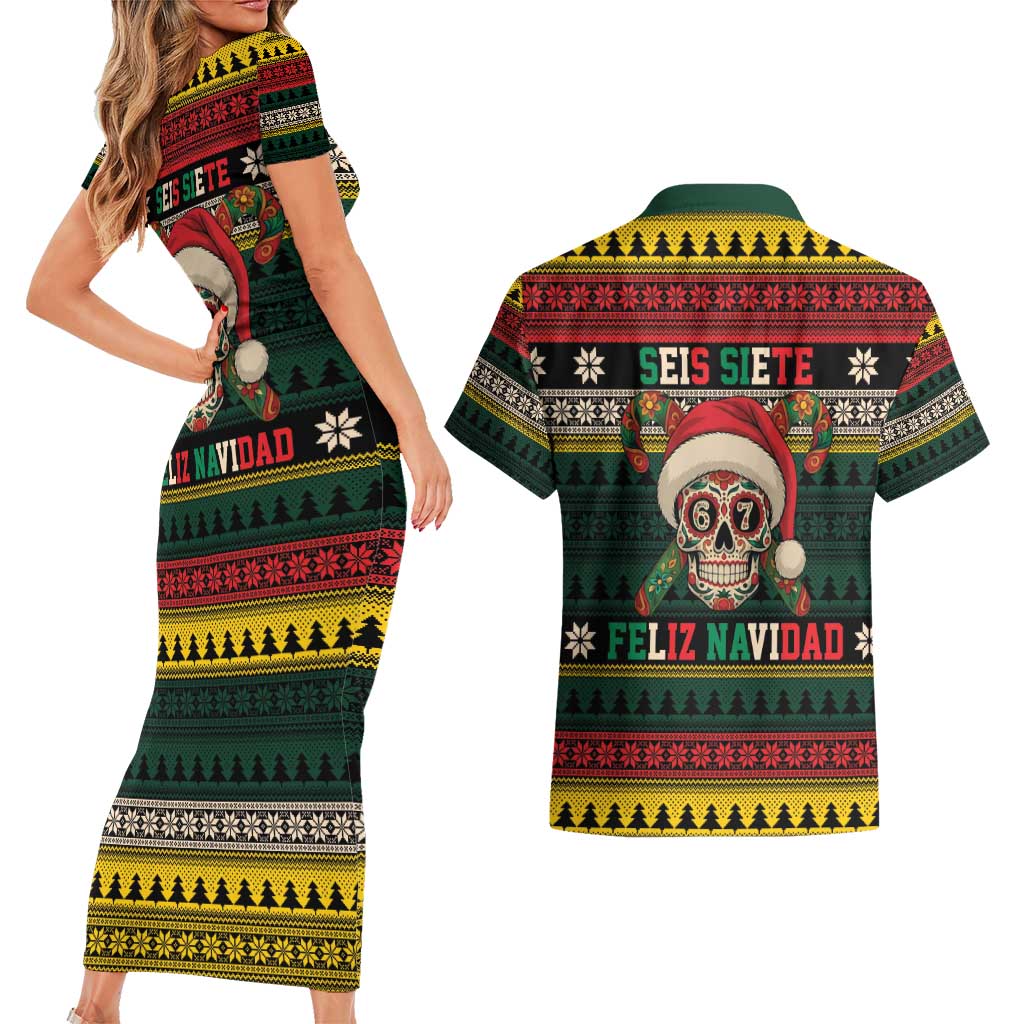 Mexican SEIS Siete 67 Meme Couples Matching Short Sleeve Bodycon Dress and Hawaiian Shirt Feliz Navidad Mexico - Wonder Print Shop