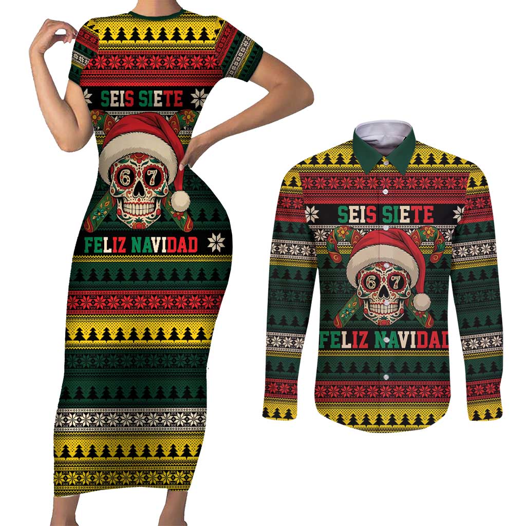 Mexican SEIS Siete 67 Meme Couples Matching Short Sleeve Bodycon Dress and Long Sleeve Button Shirt Feliz Navidad Mexico - Wonder Print Shop