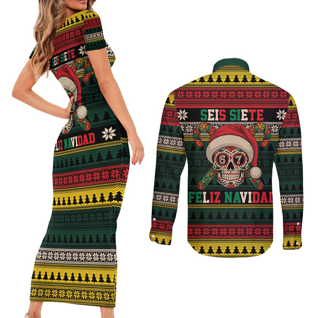 Mexican SEIS Siete 67 Meme Couples Matching Short Sleeve Bodycon Dress and Long Sleeve Button Shirt Feliz Navidad Mexico - Wonder Print Shop
