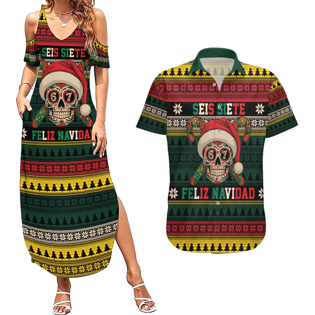 Mexican SEIS Siete 67 Meme Couples Matching Summer Maxi Dress and Hawaiian Shirt Feliz Navidad Mexico - Wonder Print Shop