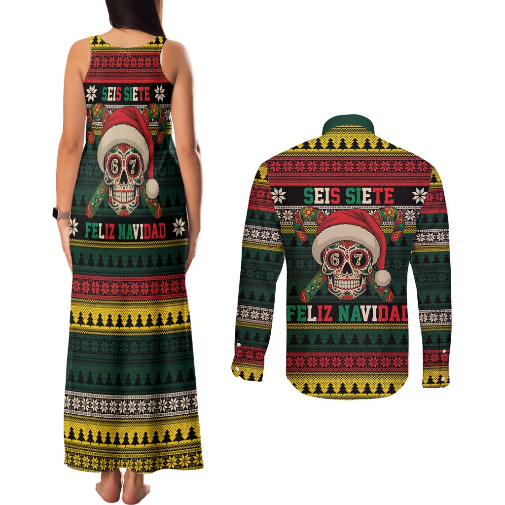 Mexican SEIS Siete 67 Meme Couples Matching Tank Maxi Dress and Long Sleeve Button Shirt Feliz Navidad Mexico - Wonder Print Shop