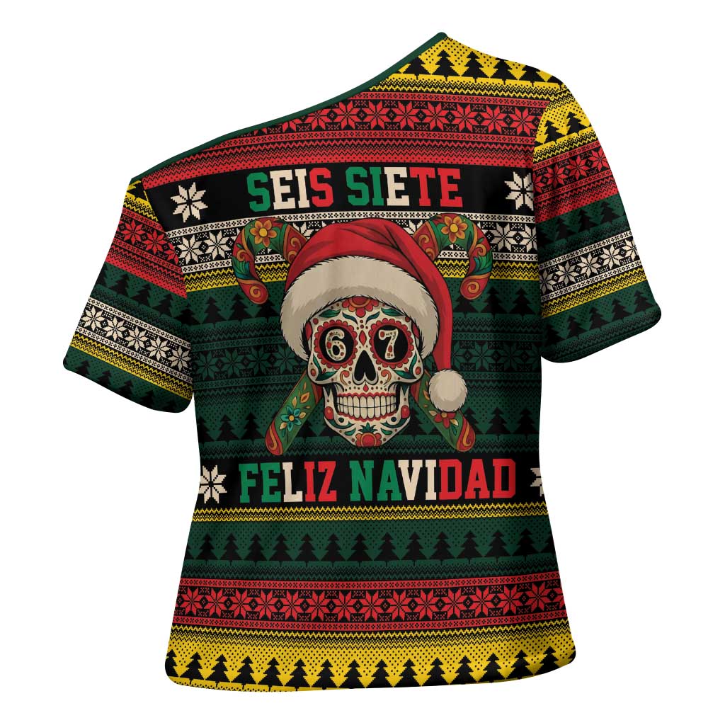Mexican SEIS Siete 67 Meme Cross Shoulder Shirt Feliz Navidad Mexico - Wonder Print Shop