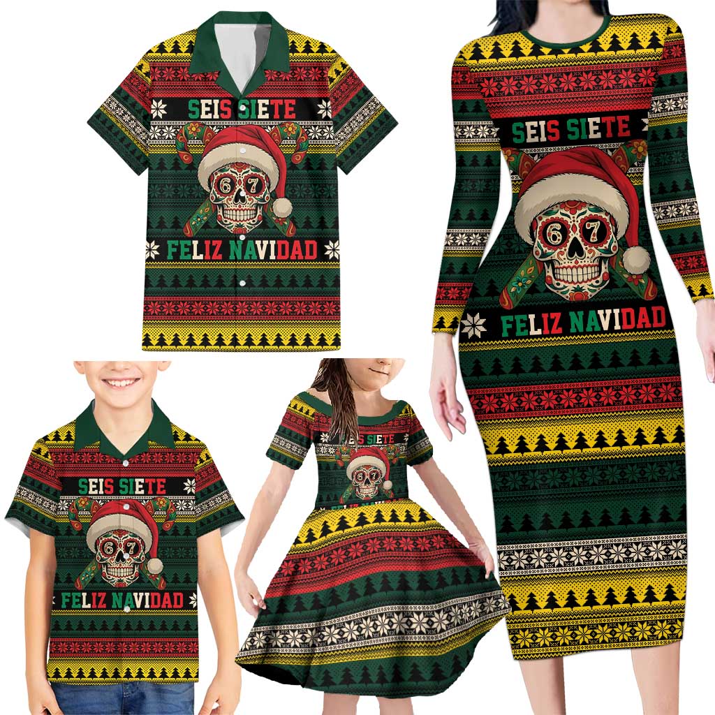 Mexican SEIS Siete 67 Meme Family Matching Long Sleeve Bodycon Dress and Hawaiian Shirt Feliz Navidad Mexico - Wonder Print Shop