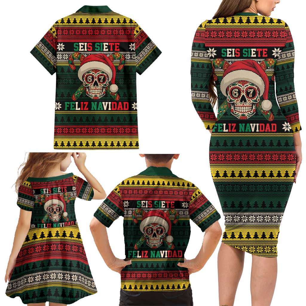 Mexican SEIS Siete 67 Meme Family Matching Long Sleeve Bodycon Dress and Hawaiian Shirt Feliz Navidad Mexico - Wonder Print Shop